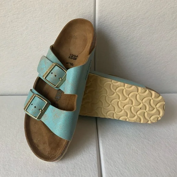 Women’s Birkenstock Arizona Washed Metallic Aqua Sandals Shoes 38 - Picture 3 of 4